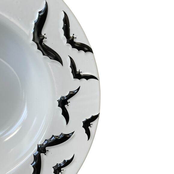 Halloween Embossed Bat Serving Bowl 13in Ceramic Black & White Spooky Boo NEW - Picture 11 of 13